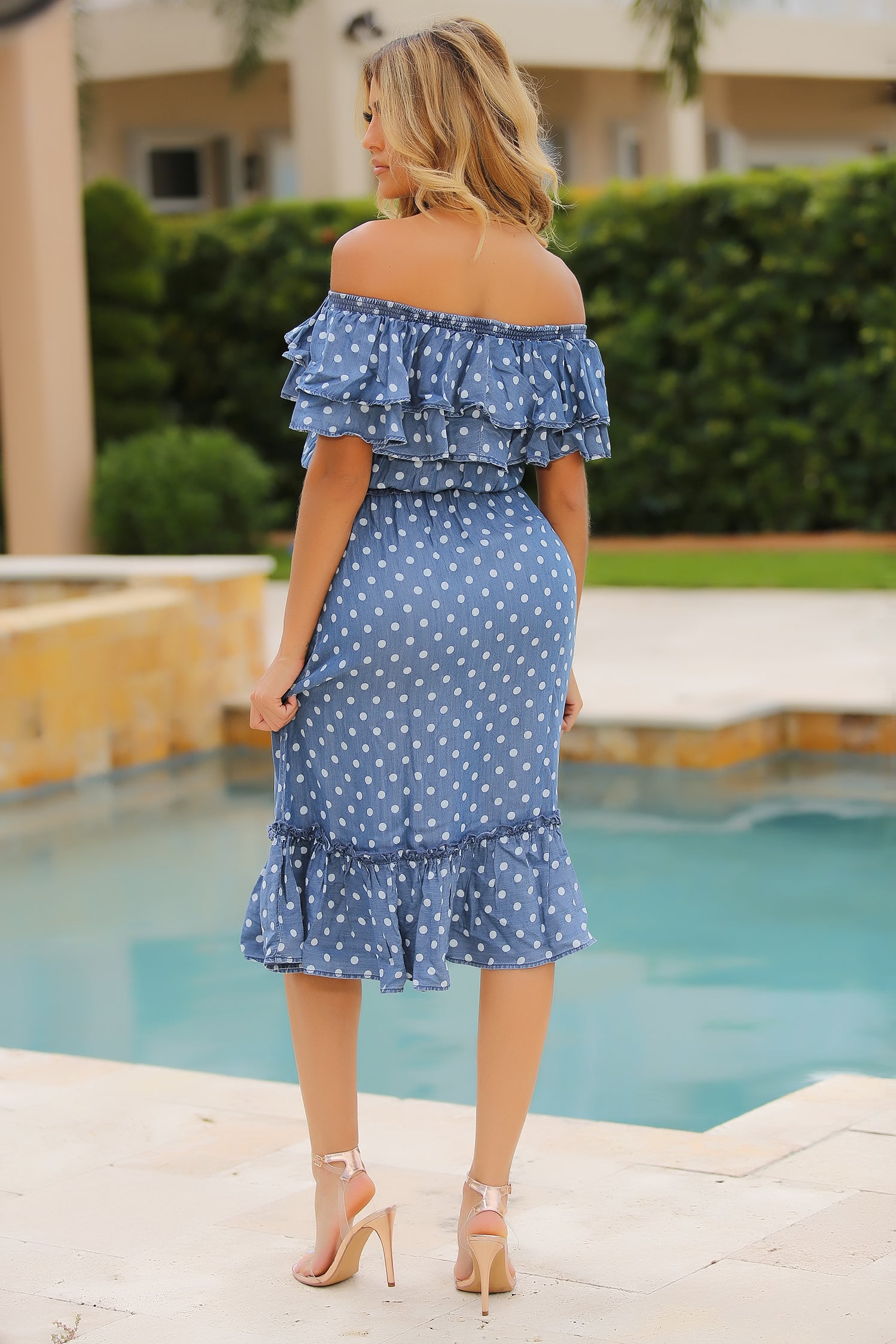 Flaunt That Polka Dot Ruffled Midi Dress - Denim - Semai House Of fashion