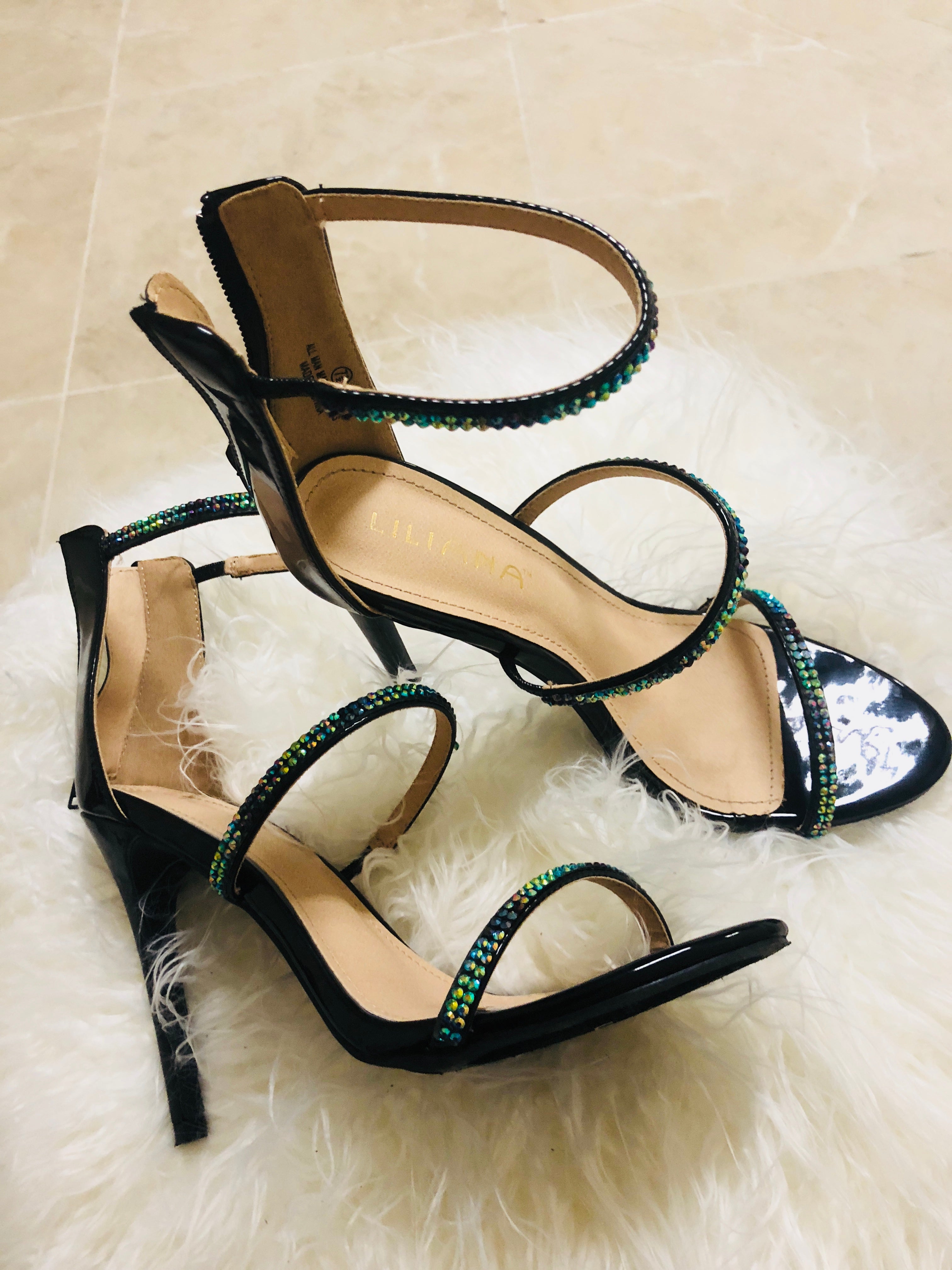 Shimmery Shine Rhinestone Heels - Black - Semai House Of fashion