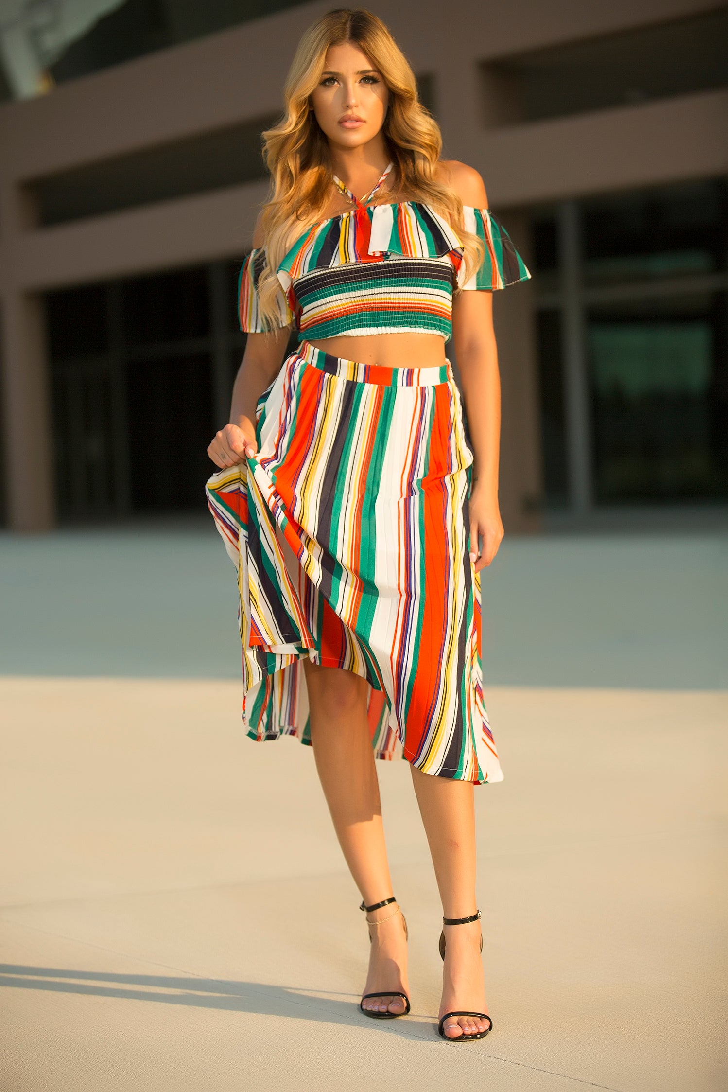 Eliza - Long Line Stripe Skirt Set - Semai House Of fashion