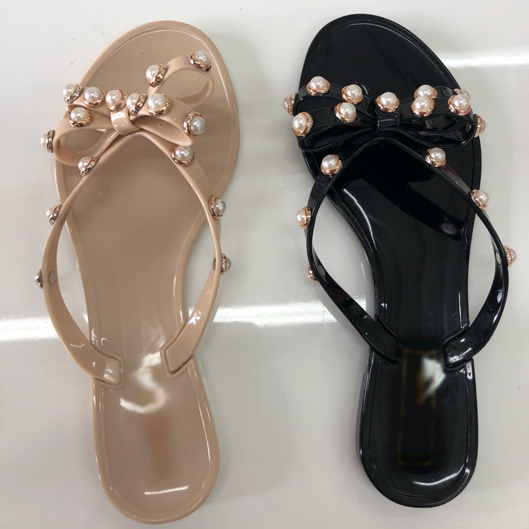 Pearl Studded Flat Sandals - Black - Semai House Of fashion