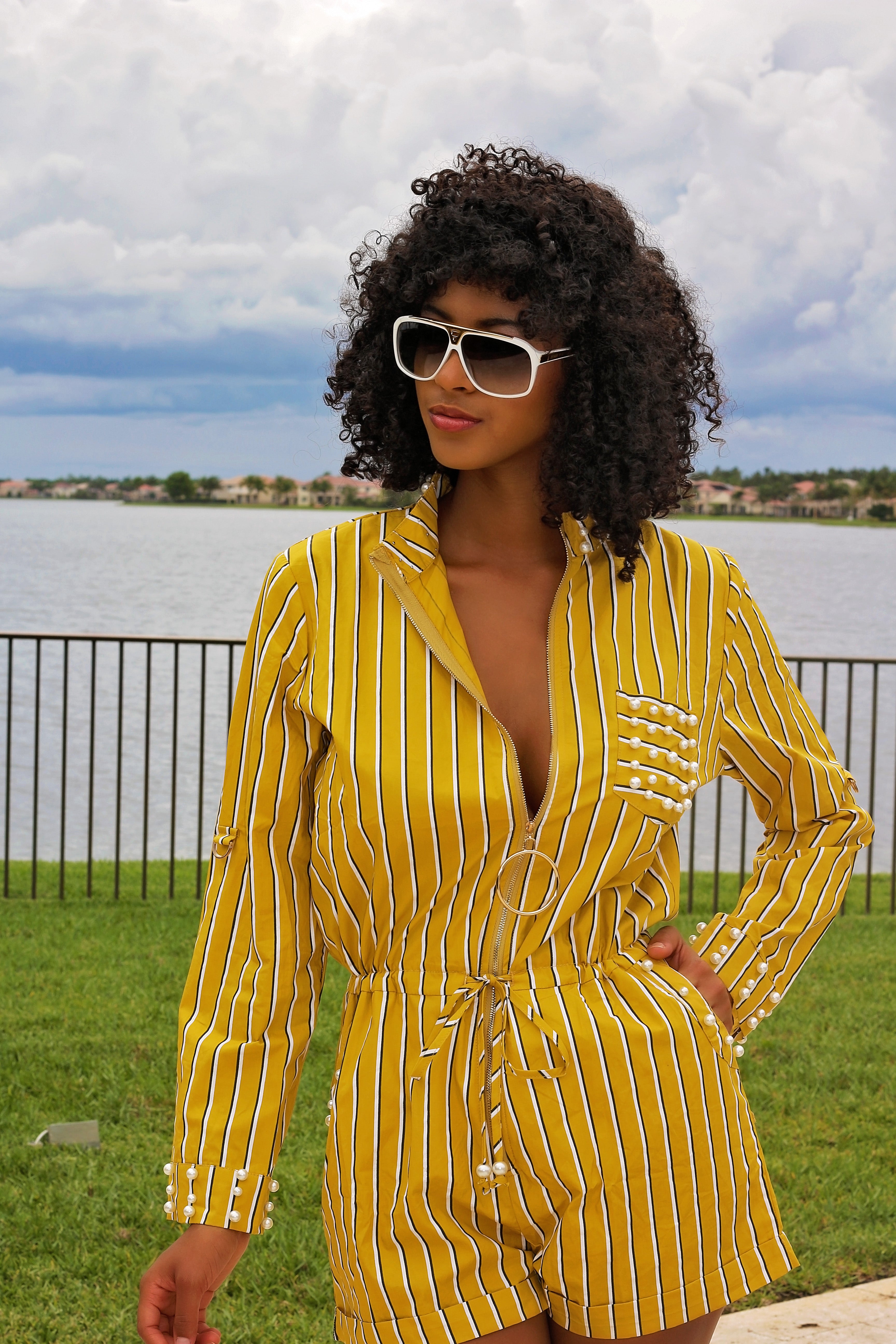 Pretty Like Pearl Striped Romper - Yellow - Semai House Of fashion