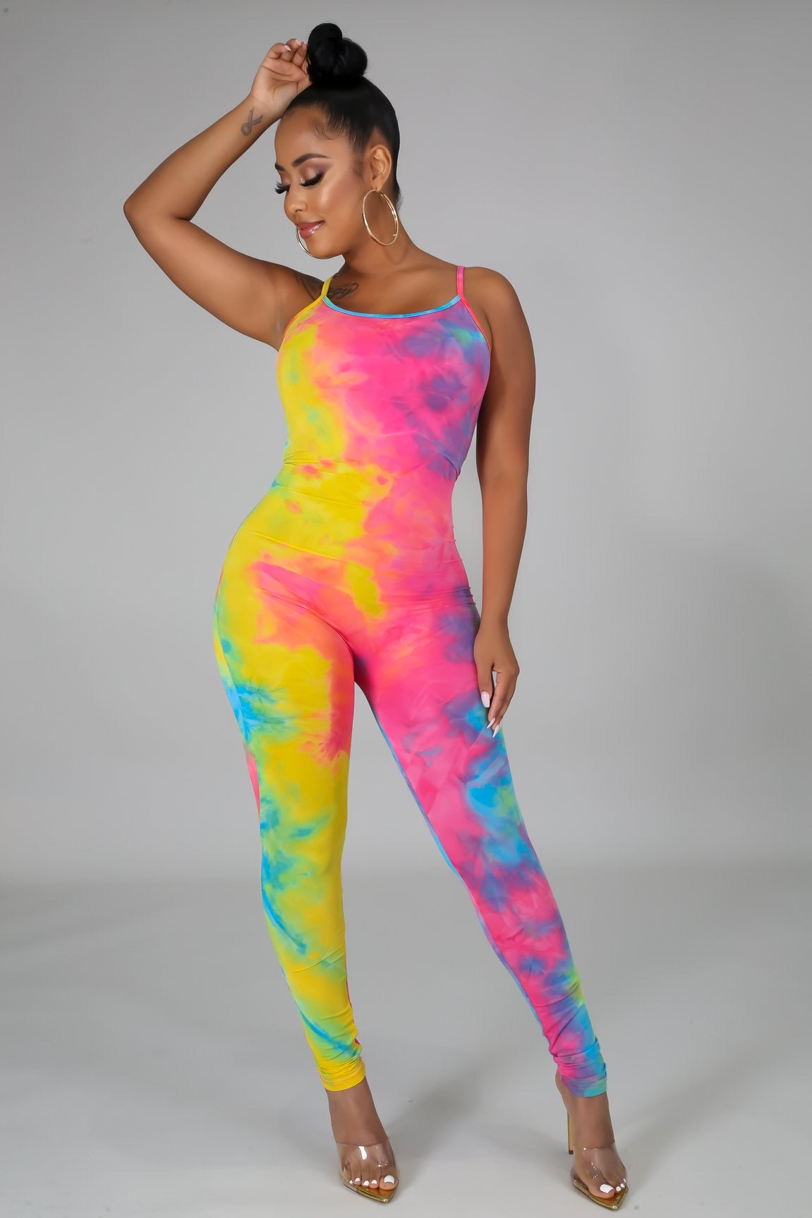 Stretchy Tie Dye Jumpsuit- Yellow Pink - Semai House Of fashion