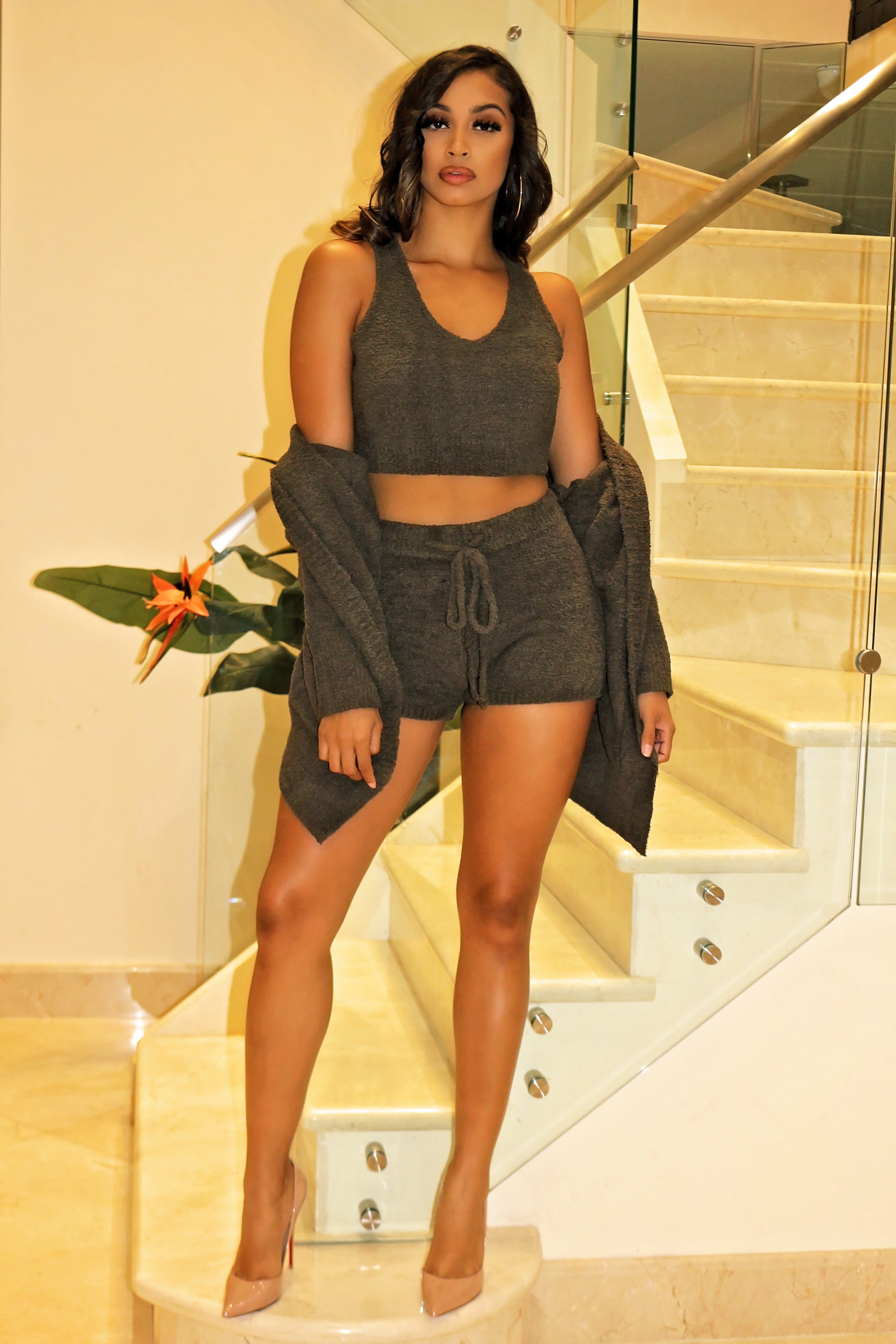 Fuzzy 3 Piece Short Set- olive - Semai House Of fashion