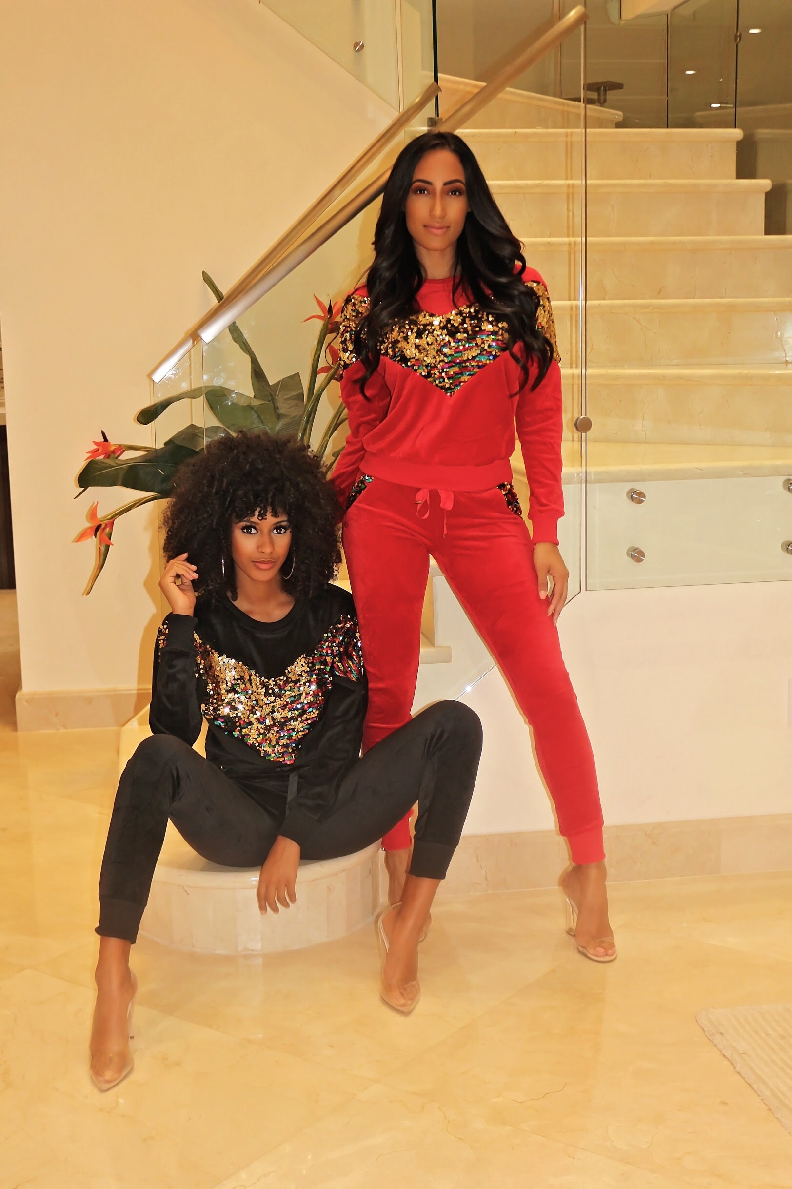 Velvet and Sequin Set - Red - Semai House Of fashion